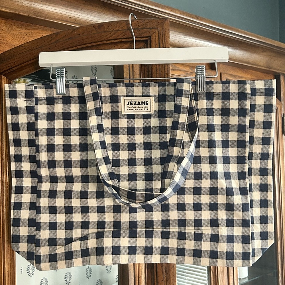Sezane Checkered Tote Bag - Blue and Cream